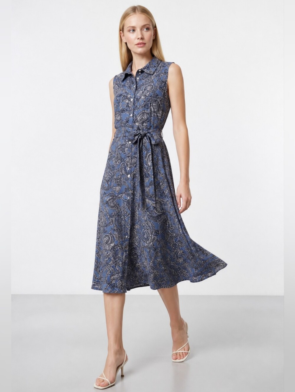 Tommy Hilfiger Sleeveless Blue Paisley Tie-Waist Midi Dress Size 10